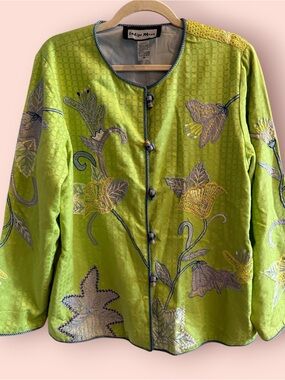 Indigo Moon Embroidered Floral Beaded Jacket Top Green Textured